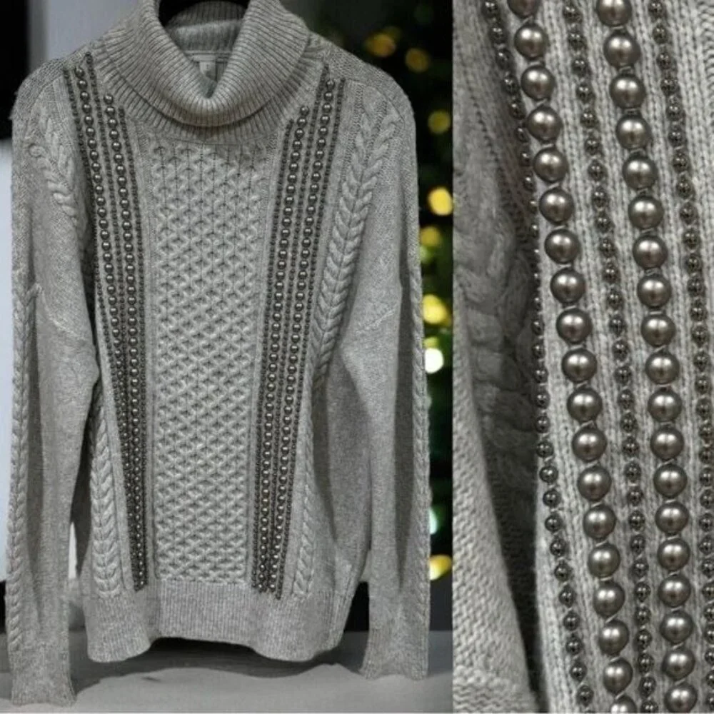 Halogen Wool Blend Turtle Neck Beaded Knit Sweater Holiday Cozy‎ Cabincore MP